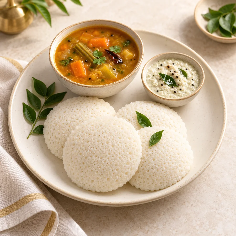Idli with familiar accompaniments